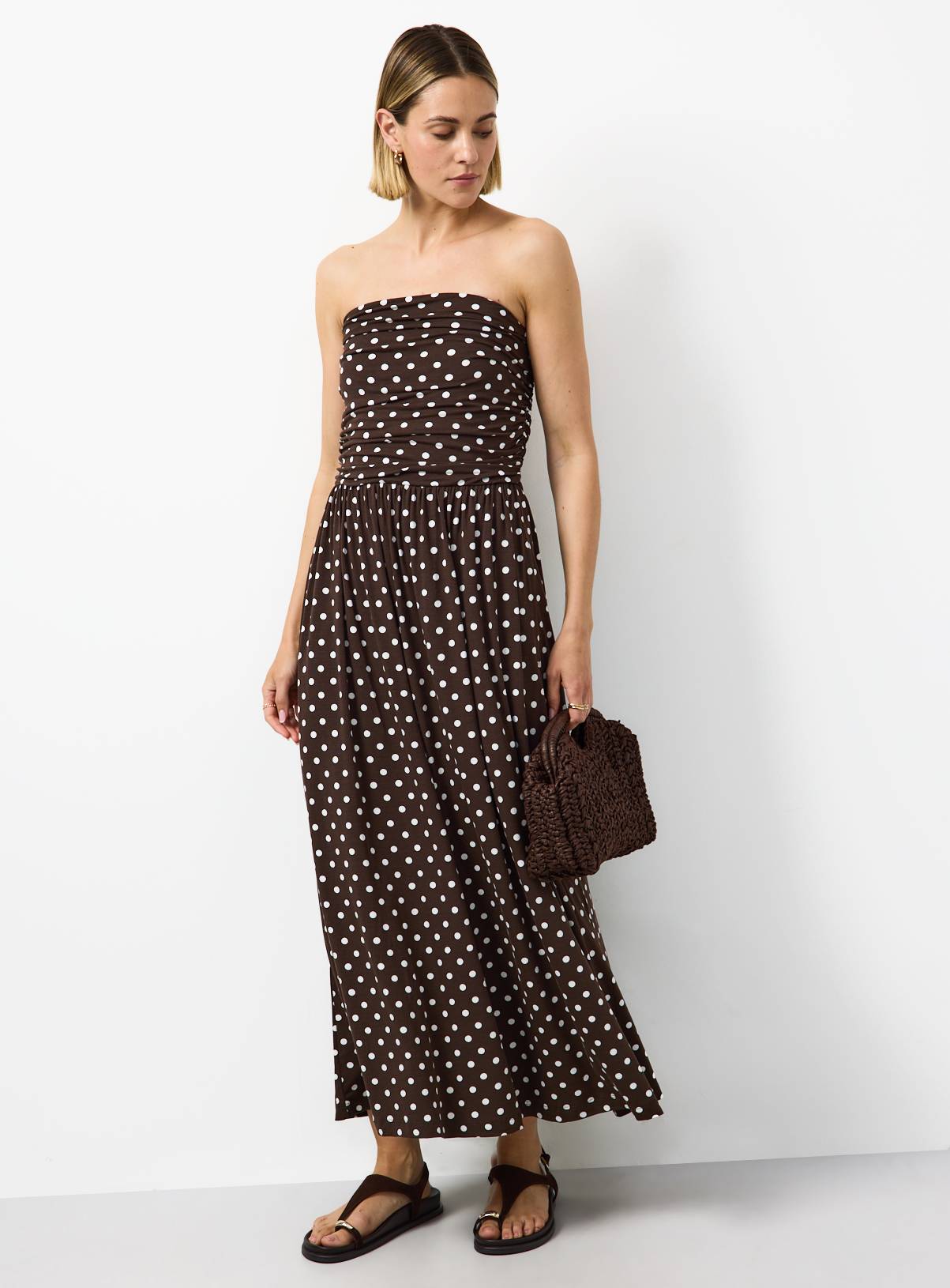 Dark Brown Polka Dot Print Bandeau Maxi Dress 18 - Image 2